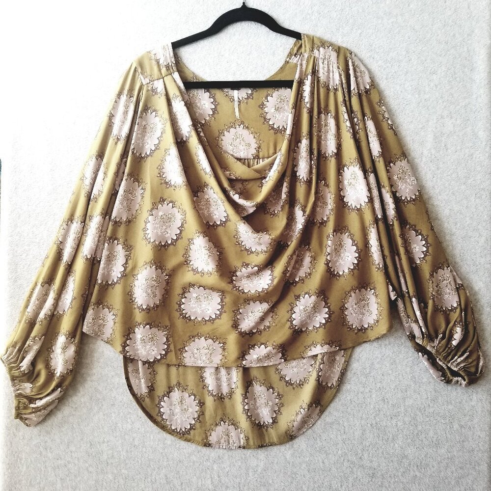 Free People Women's Size M Cowling Around Goldenrod Draped Boho Top Long Sleeve